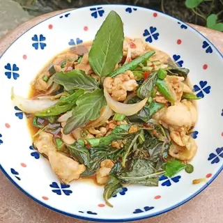 Rice topped with stir-fried basil chicken (choose your meat)