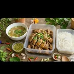 Combo Set: Minced Chicken in Fish Sauce (1500ml container), served in a box of soft rice, a cup of spicy dipping sauce, and a comforting herbal soup.