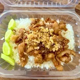 Garlic chicken with rice, juicy and flavorful with garlic sauce.