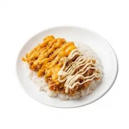 Chicken karaage rice topped with cheese sauce + mayonnaise sauce