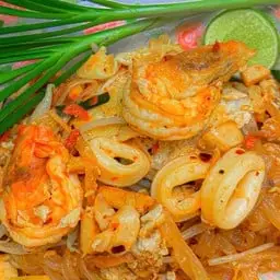 Seafood Pad Thai with squid and fresh shrimp.