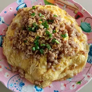 Rice with creamy scrambled eggs and minced pork