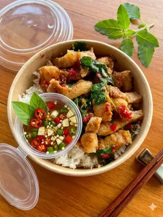 กระเพราหมูชิ้นราดข้าว