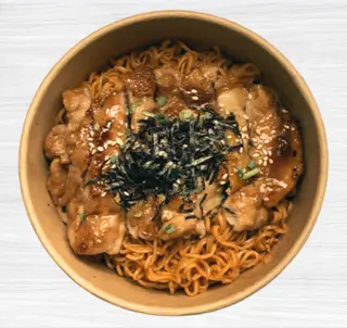 Korean instant noodles with teriyaki chicken.