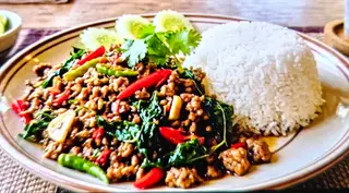 กะเพราเนื้อสับราดข้าว