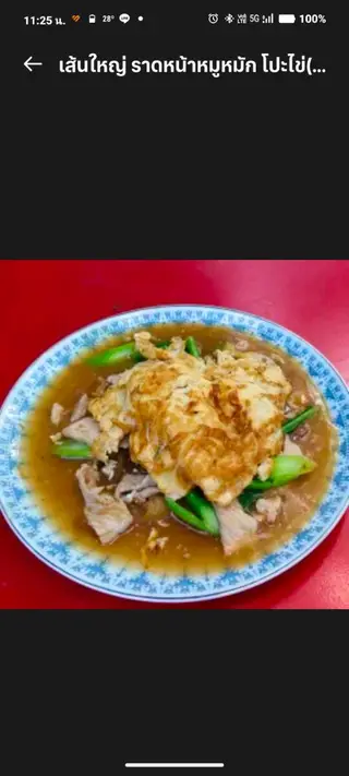 Wide rice noodles with marinated pork in gravy, topped with an omelet.
