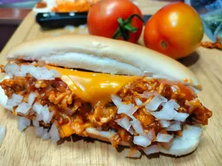 Beef sauce cheese hot dog