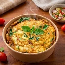 Vegetarian omelet with 2 eggs, containing all kinds of vegetables, no meat.