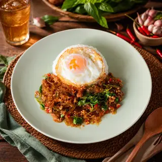 Stir-fried glass noodles with minced pork and basil served over rice.