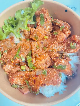 Fried pork with rice and spicy dipping sauce